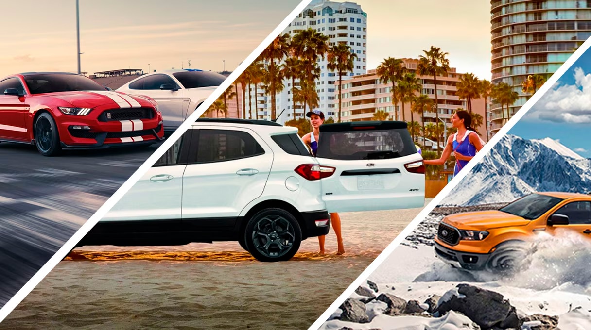 A collage shows Ford vehicles: a red sports car on a racetrack, a white SUV on a beach with people near the trunk, and an orange SUV driving through snow—highlighting adventure and quality customer service