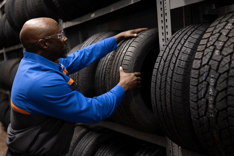 A Ford service technician lifts a tire down from a rack.