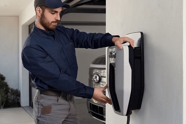 A technician installs an E V charger in a garage