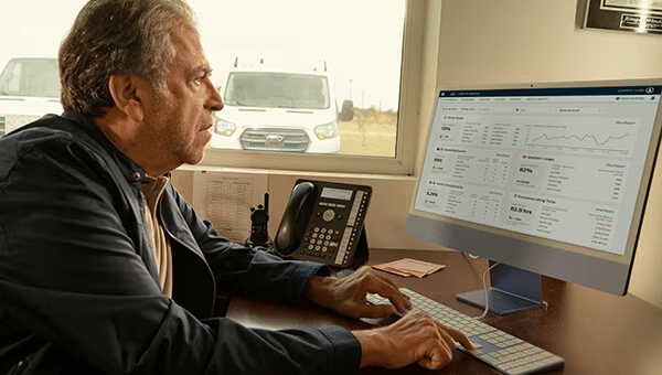 Manager sitting at desk on a lap top reviews online finance report.