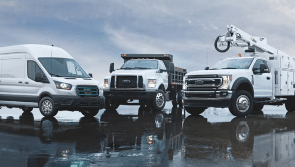 White Ford commercial trucks shown parked in a row