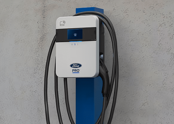 Ford Pro AC Series 2 Charging Station 80-amp shown with 2023 Ford-150 Lighting Pickup in White.