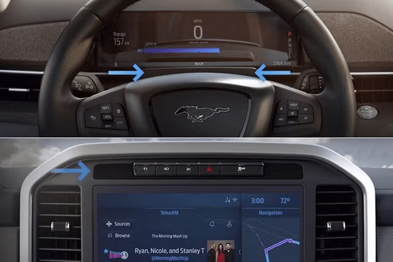 Split image, top image shows dashboard camera, bottom image shows centre touchscreen.