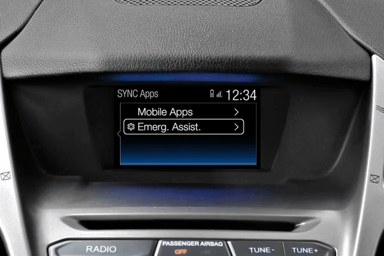 A car dashboard screen in a Ford vehicle displays the SYNC Apps menu with options for Mobile Apps and Emerg. Assist. The time shown is 12:34, and part of the dashboard and radio controls are visible below